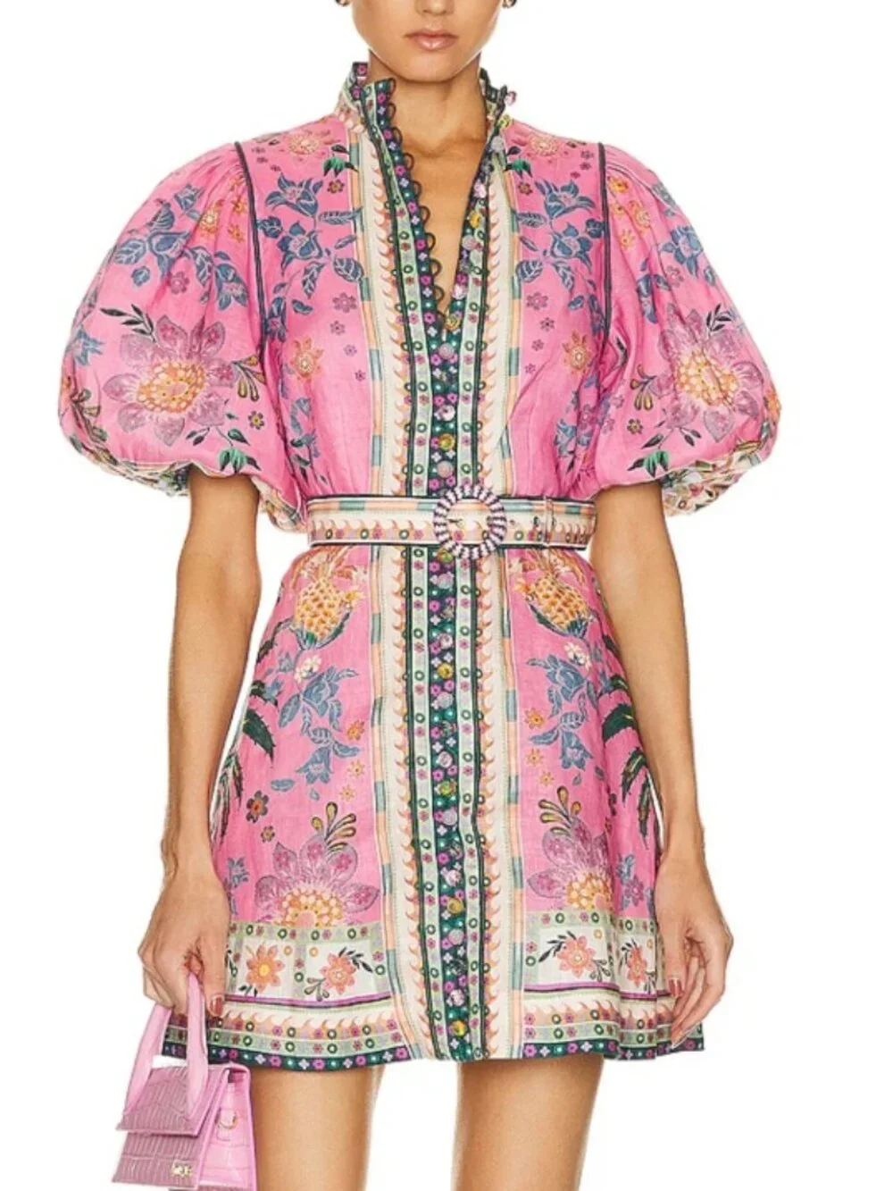 Zimmermann Ginger Linen Mini Dress Pink Green Print Size 1